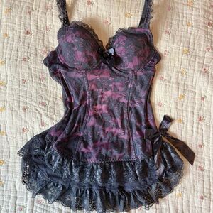 Y2K Purple & Black Lace Bustier Chemise with Bow. Babydoll Corset Tank Top💟